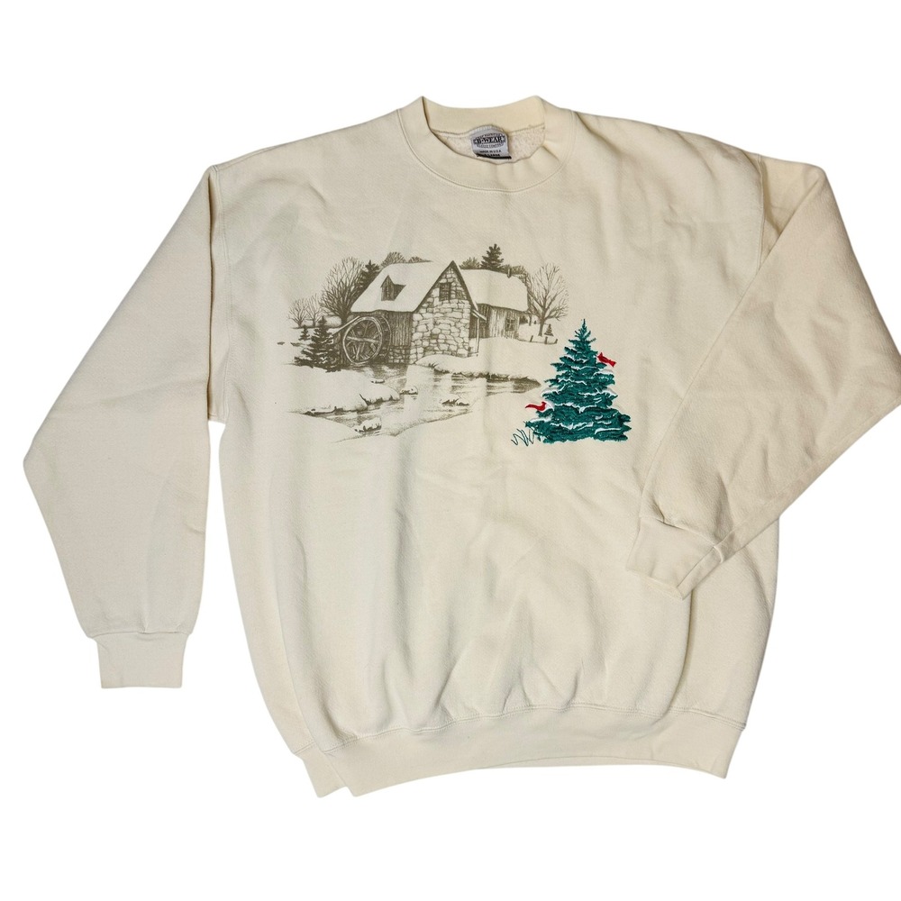 Vtg American B-Wear Fleece Embroidered Cabin Winter Country Christmas Tree XL